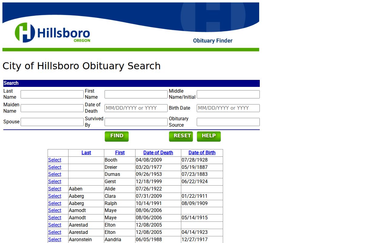 Hillsboro city directory obituary citation search interface