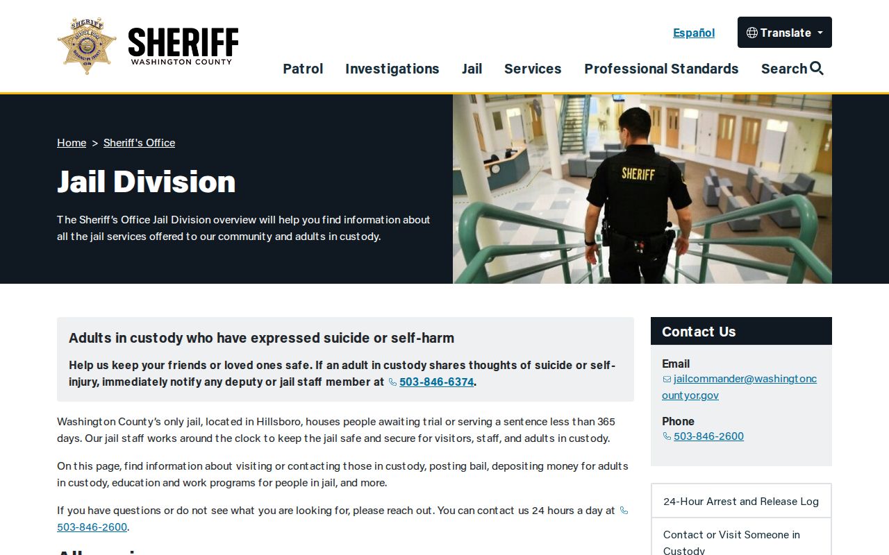 Hillsboro residents directory Washington County jail information page