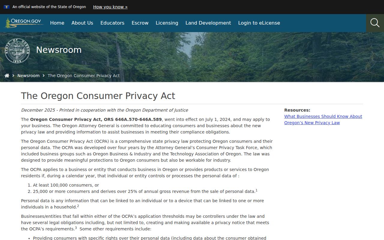 Hillsboro residents directory Oregon Consumer Privacy Act guidance