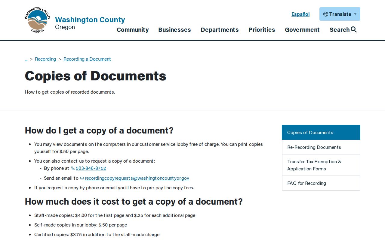 Hillsboro previous residents Washington County Recording Office research and copy access