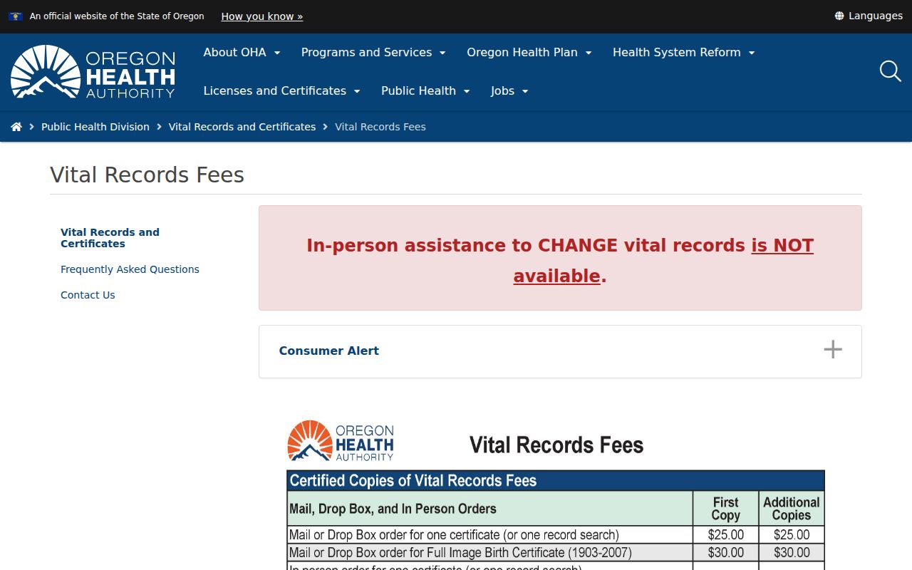 Hillsboro resident lookup Oregon vital records fee and ordering information