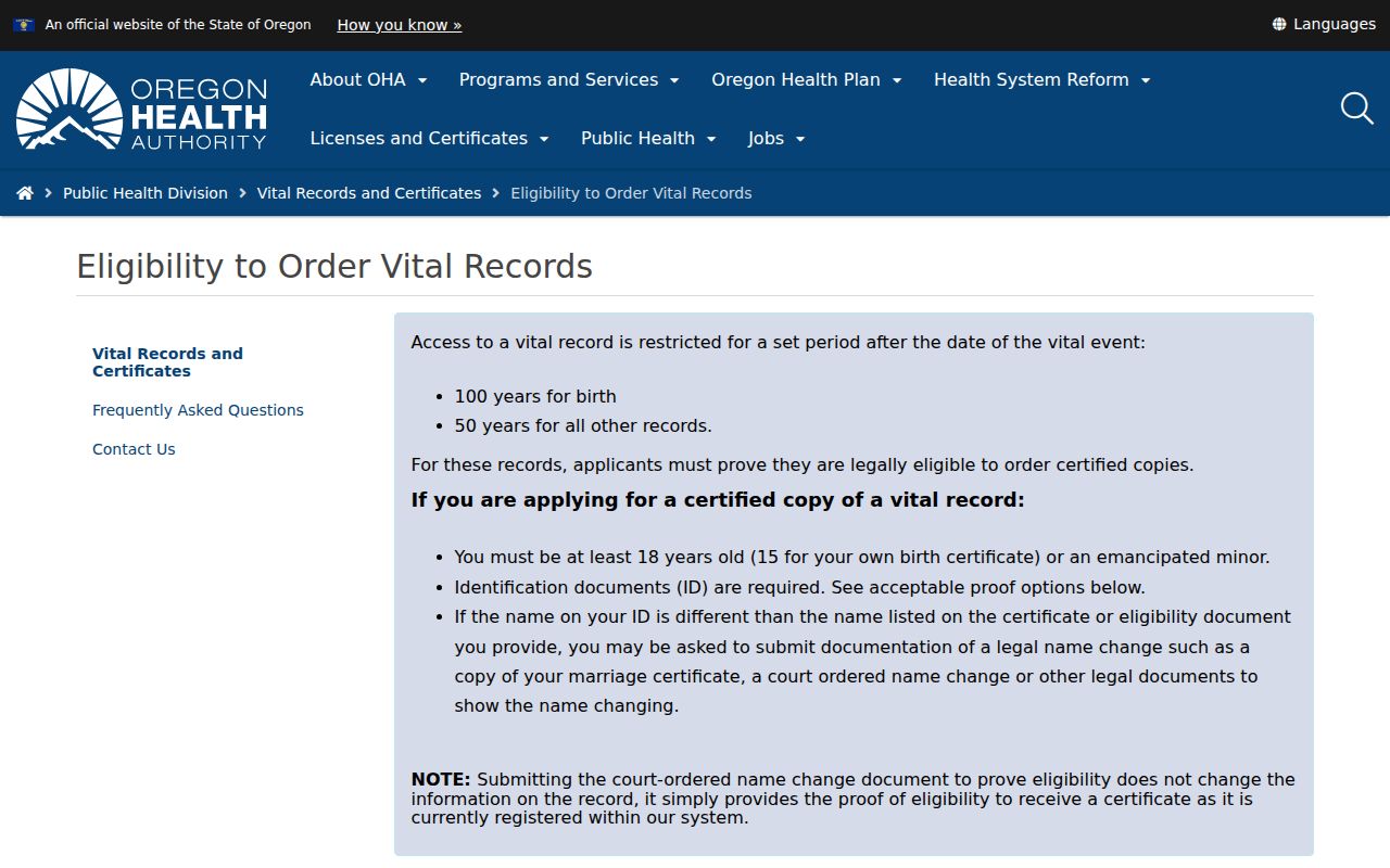 Hillsboro resident lookup Oregon vital records eligibility information