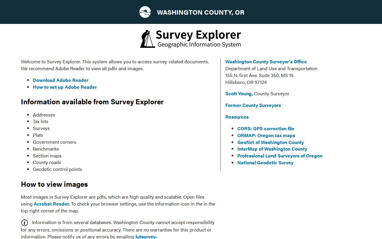 Hillsboro street directory Washington County Survey Explorer search form