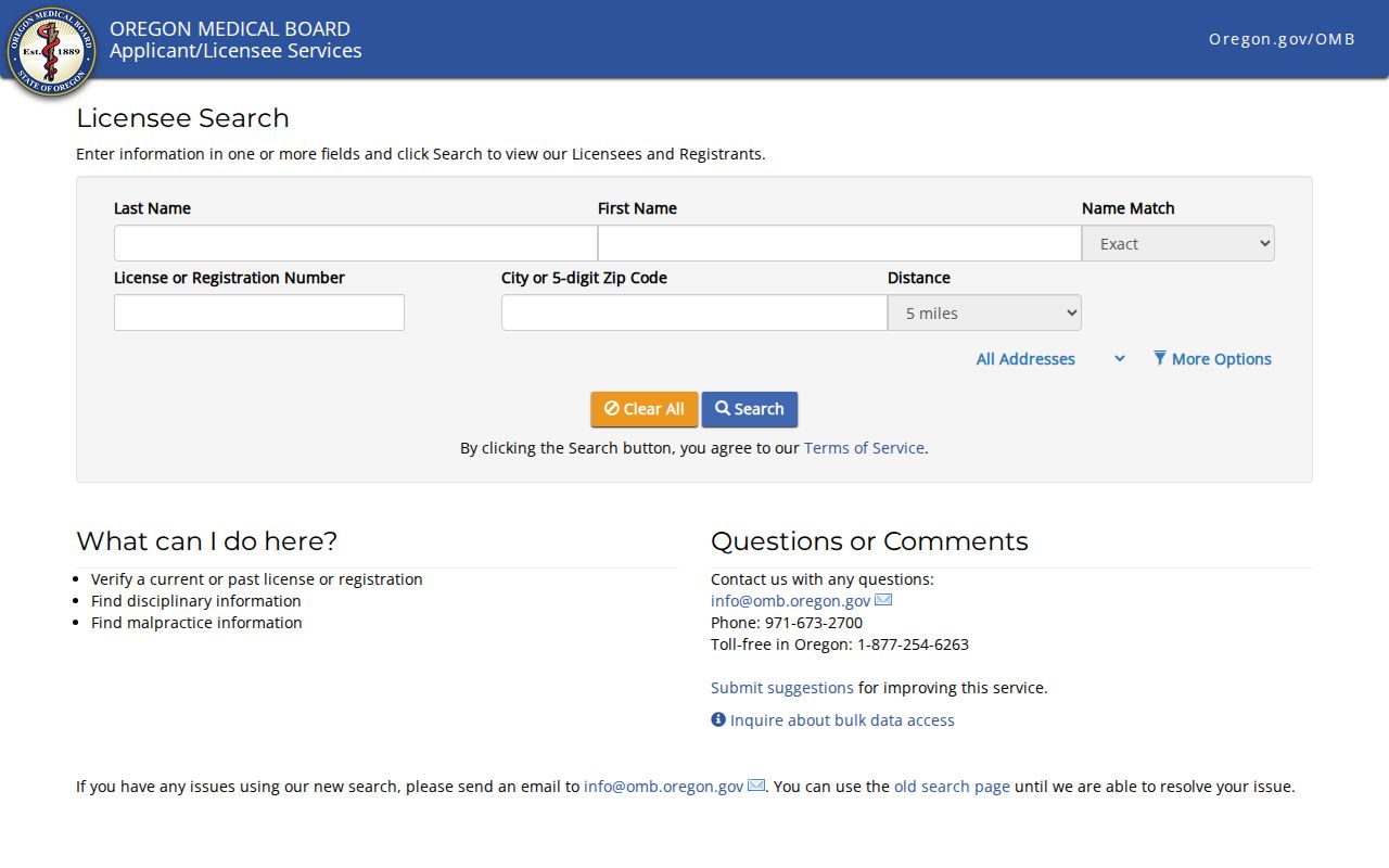 Hillsboro ZIP code directory view of Oregon Medical Board search filters