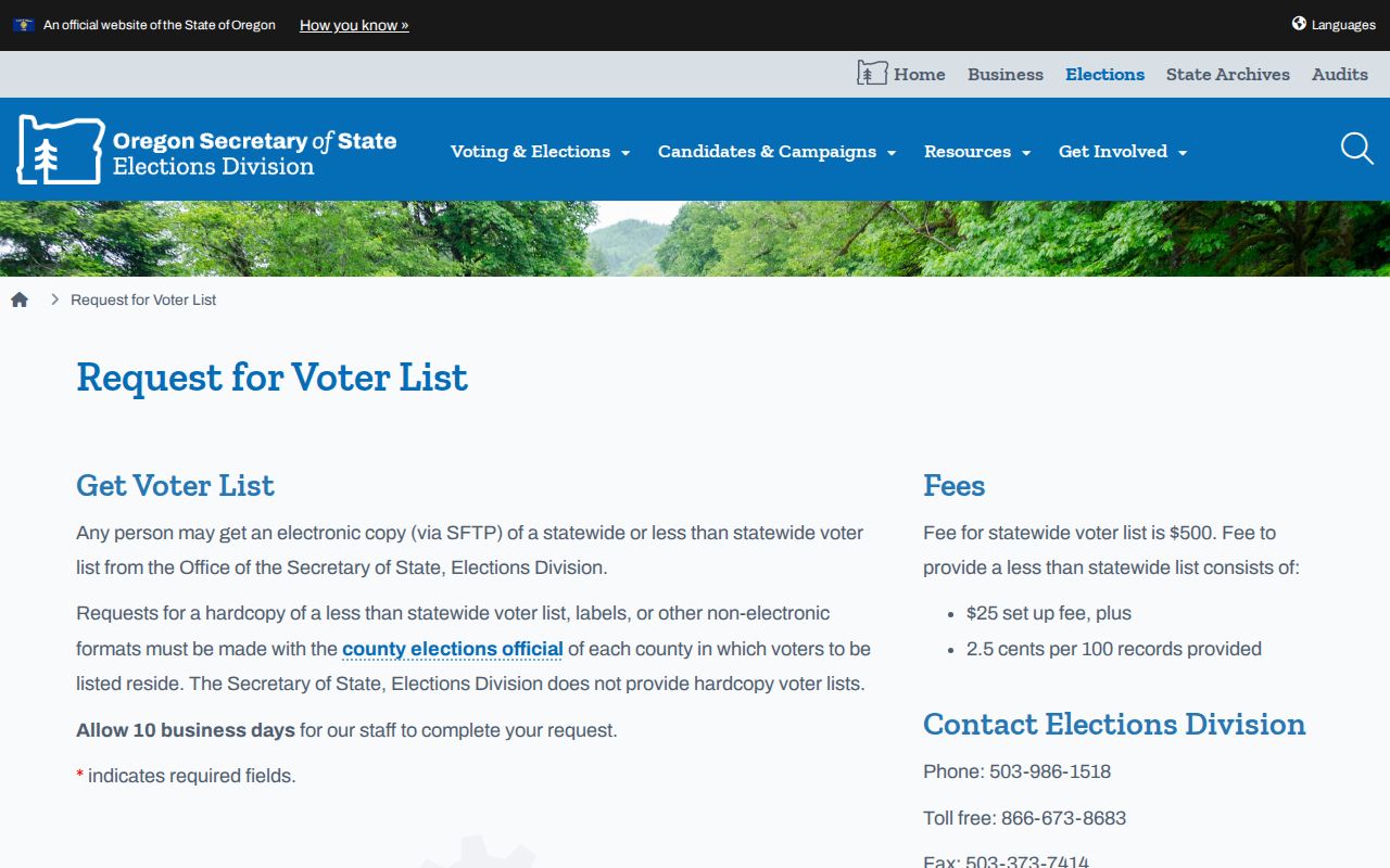 Hillsboro ZIP code directory view of the Oregon voter-list request page