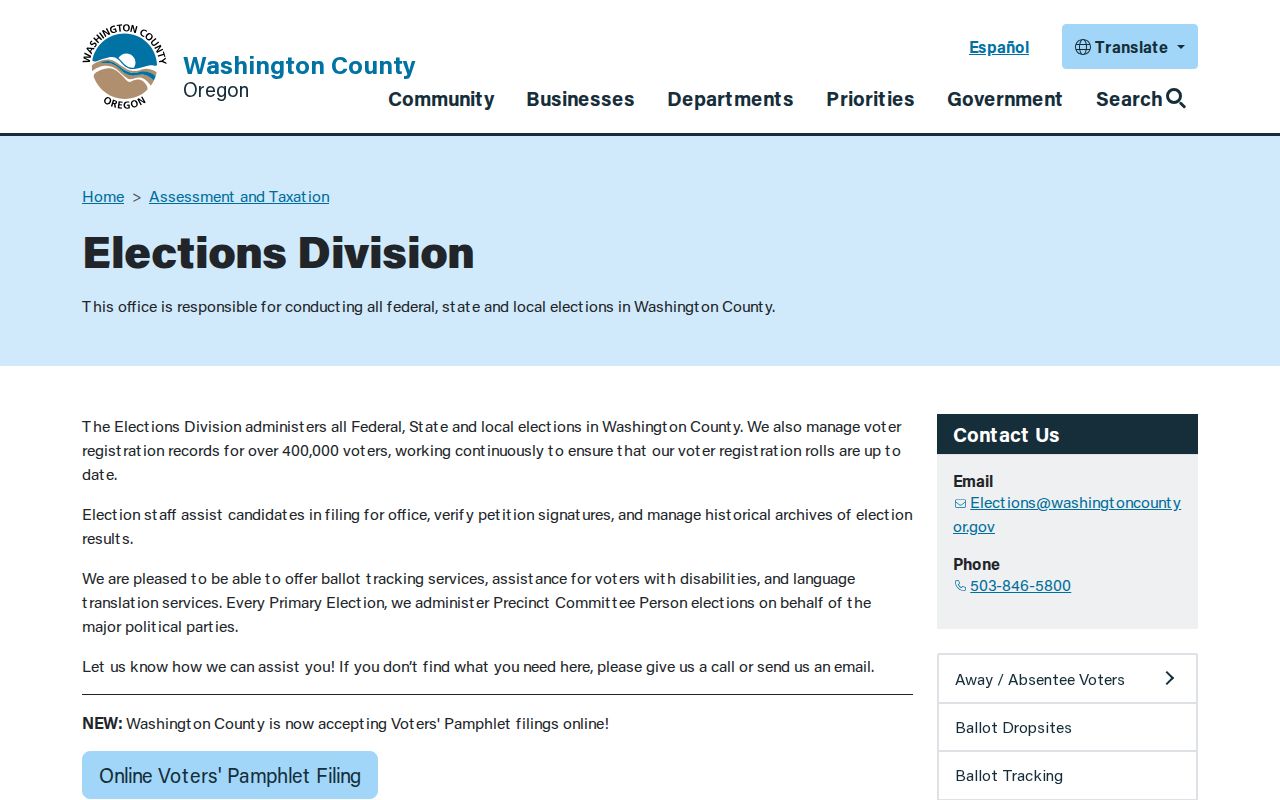 Hillsboro ZIP code directory view of Washington County Elections information
